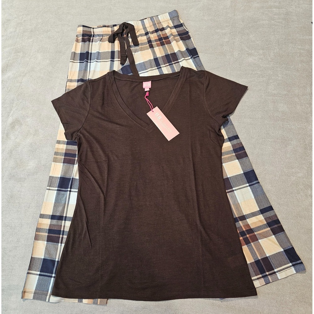 Hale Bob Women's Large 2pc Modal Pajama Set Brown/White Plaid Short Sleeve NEW